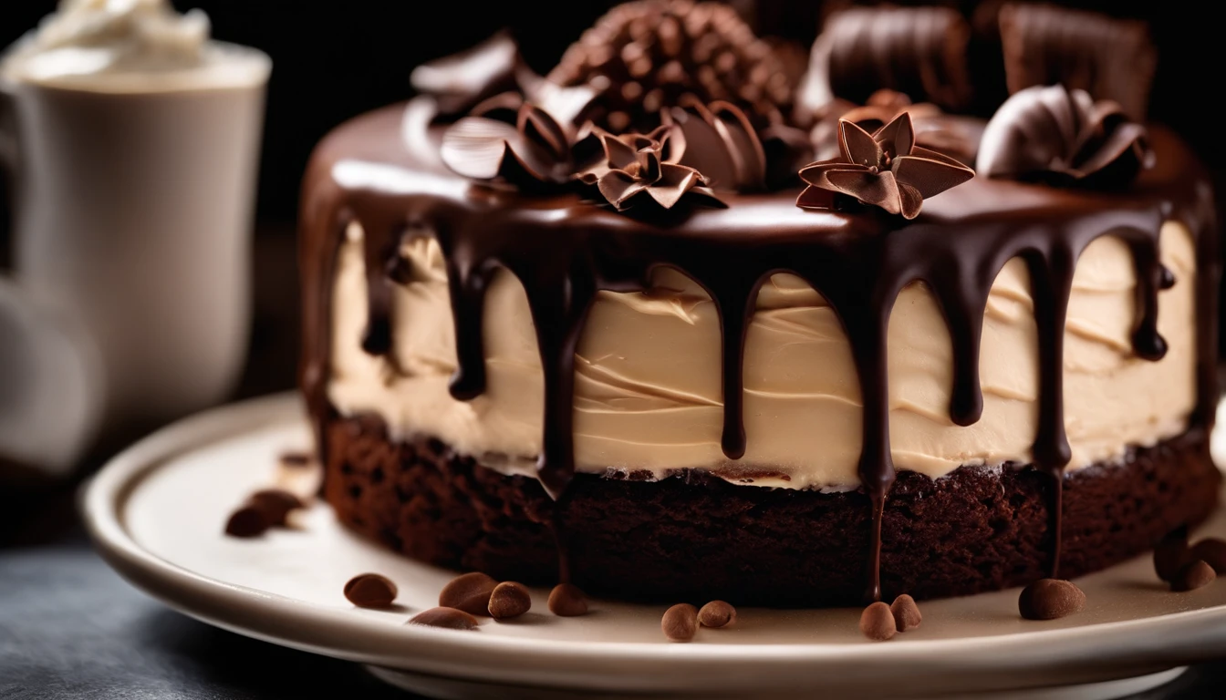Capture a macro shot of a chocolate cake’s layers, highlighting the intricate details and contrasting colors of the cake, frosting, and filling