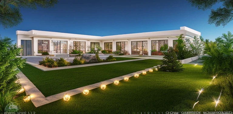 best quality)) ((super realistic)) garden photo, stones on grass, path, The wedding restaurant has a large yard with sparkling lights