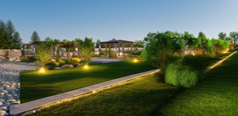best quality)) ((super realistic)) garden photo, stones on grass, path, The wedding restaurant has a large yard with sparkling lights
