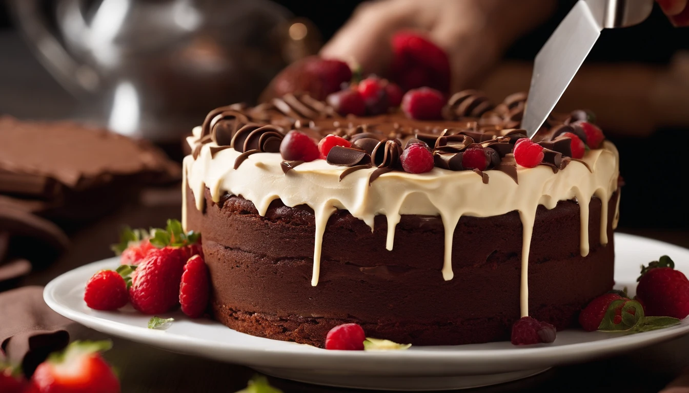 Capture a creative shot of a chocolate cake being sliced, capturing the moment when the knife glides through the cake, revealing its indulgent interior