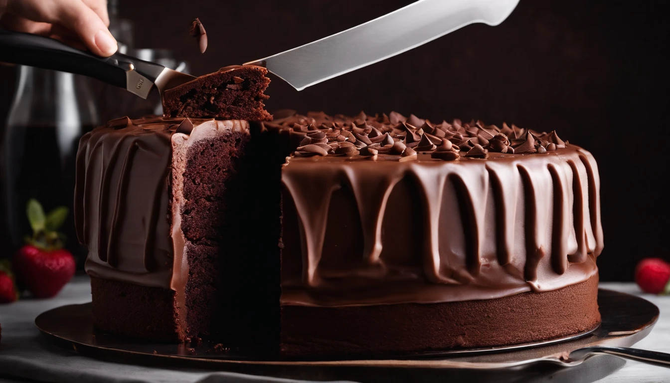 Capture a creative shot of a chocolate cake being sliced, capturing the moment when the knife glides through the cake, revealing its indulgent interior