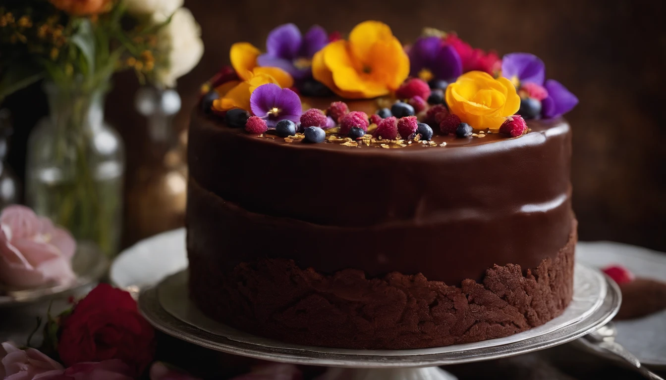Capture a detail shot of a chocolate cake adorned with edible flowers, showcasing the beautiful combination of colors and adding a touch of sophistication to the photo