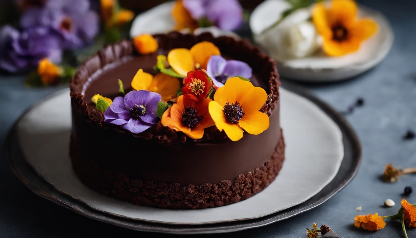 Capture a detail shot of a chocolate cake adorned with edible flowers, showcasing the beautiful combination of colors and adding a touch of sophistication to the photo