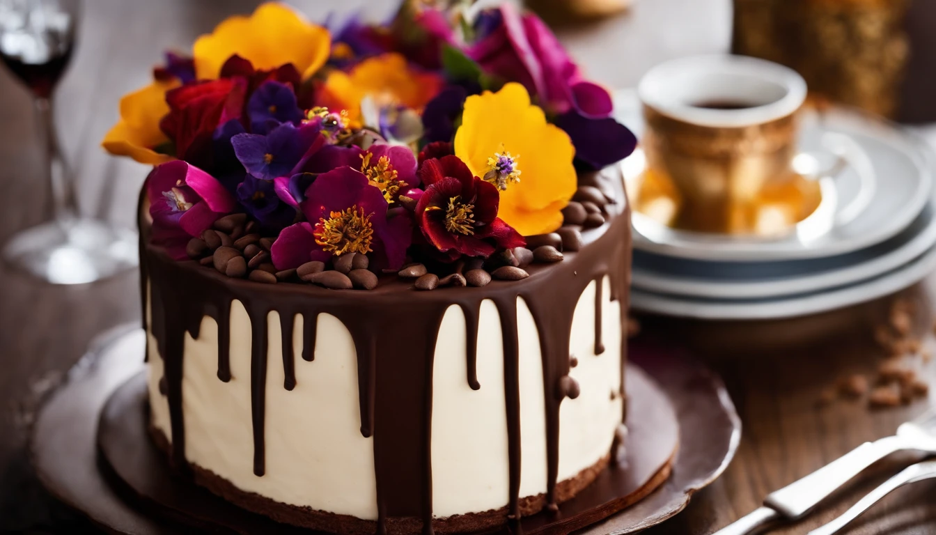 Capture a detail shot of a chocolate cake adorned with edible flowers, showcasing the beautiful combination of colors and adding a touch of sophistication to the photo
