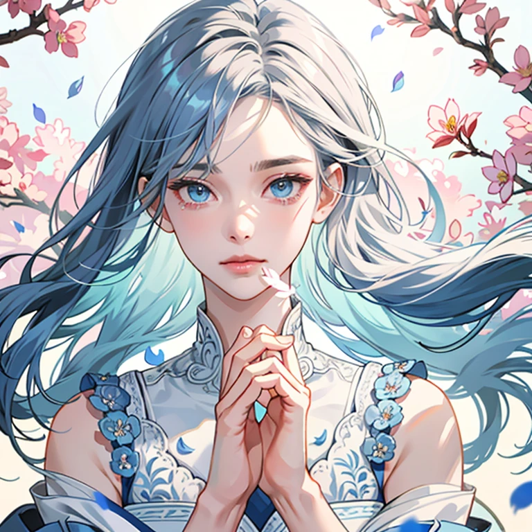 Beautiful face, Best Quality,ultra high natural light, Shiny skin,Detailed skin,Detailed face,Detailed eyes, Beautiful boys, Beautiful fingers、draw from the shoulders up、Open hands、a large number of petals、Anime Quality、gaze in front、Petals fly out from the open hands、lots of flying petals、Blue World、up of face、beautiful neutral expression、Male Solo、tears、Petals overflowing from both hands、Blue eyes that shine like jewels、long eyeslashes、blue flowing hair、Short cut and pretty face, Best Quality,ultra high natural light, Shiny skin,Detailed skin,Detailed face,Detailed eyes,