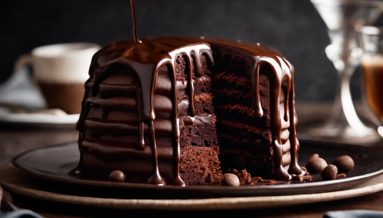 Capture an image of a chocolate cake with a cascading chocolate drizzle, capturing the smooth and velvety texture of the chocolate as it flows down the cake