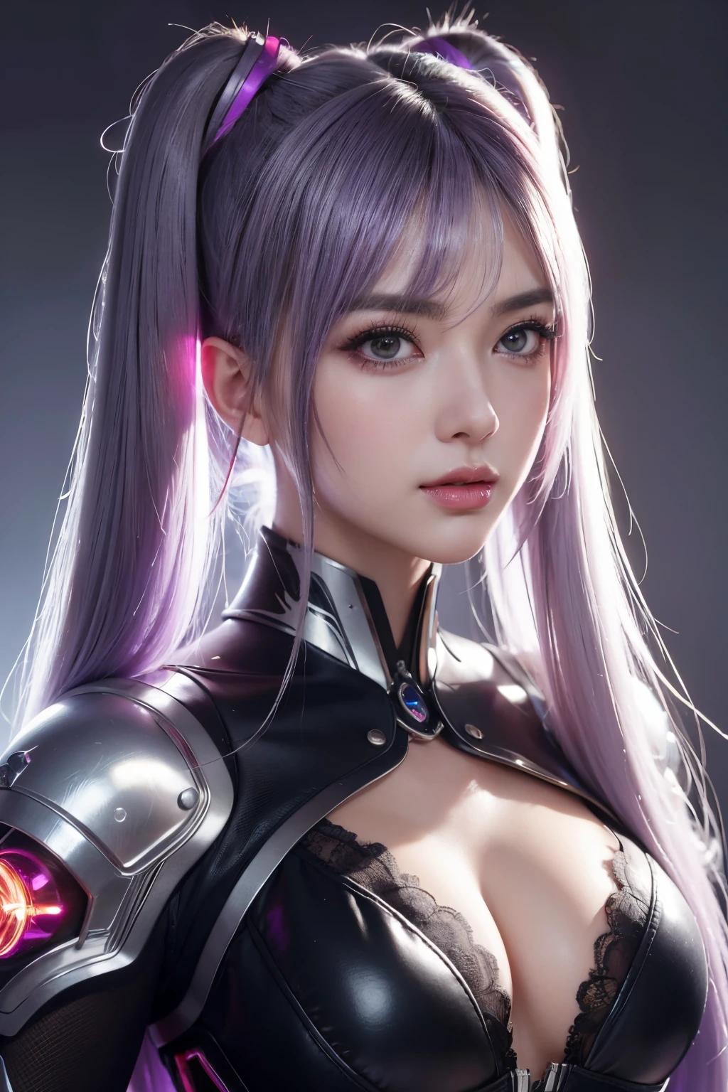 masterpiece, best quality, illustration, beautiful detailed eyes, colorful background, mechanical prosthesis, mecha coverage, emerging dark purple across with white hair, pig tails, disheveled hair, fluorescent purple, cool movement, rose red eyes, beatiful detailed cyberpunk city, multicolored hair, beautiful detailed glow, 1 girl, expressionless, cold expression, insanity, long bangs, long hair, lace, dynamic composition, motion, ultra - detailed, incredibly detailed, a lot of details, amazing fine details and brush strokes, smooth, hd semirealistic anime cg concept art digital painting, cyborg style,