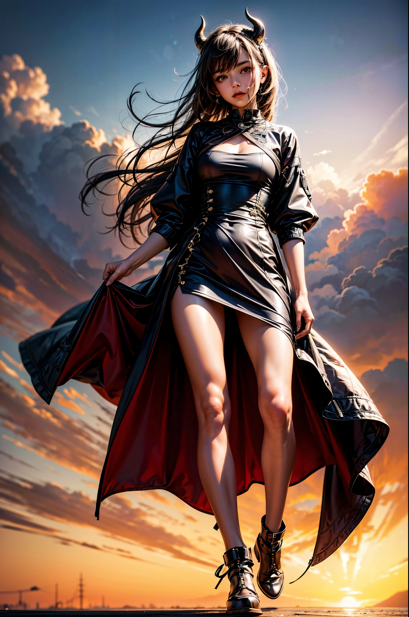 Horrorな雰囲気、Towering Giant、Woman who brings disaster、A powerful and impressive image、Accurate female body、Human body、giantess、A woman bigger than a building、The growing human body、Giantess、The Devil's Outfit、Giant Devil、Villainess、Bad guy、Messenger from Hell、walk、masterpiece、Detailed illustrations、precise illustration、High quality、Japanese、smile、smile、Cute woman、Long Hair、Open your mouth、Low - Angle、Small Town、A small city in ruins、都市のLow - Angleの遠景、Flying debriasterpiece、Anatomically correct、sand smoke、Smoke is rising、Building burns、Gloomy Weather、night、Horror、Catastrophe、thunder、storm、rain、person looking up from below々
