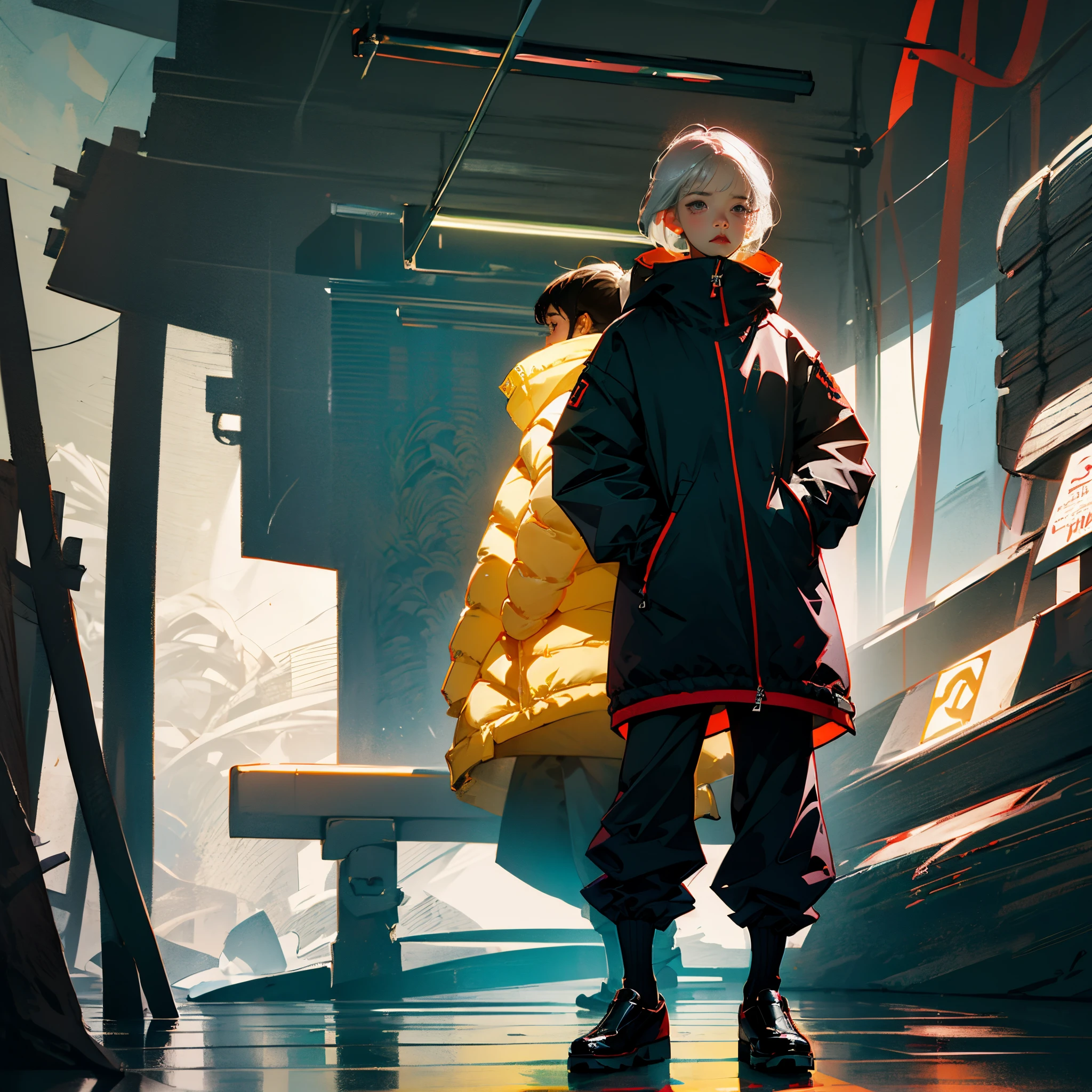 A girl who has short silver hair and black eyes and put on big parka and has little chest. She is dissatisfied face. She look the top. She's wearing black shoes. She is spitting