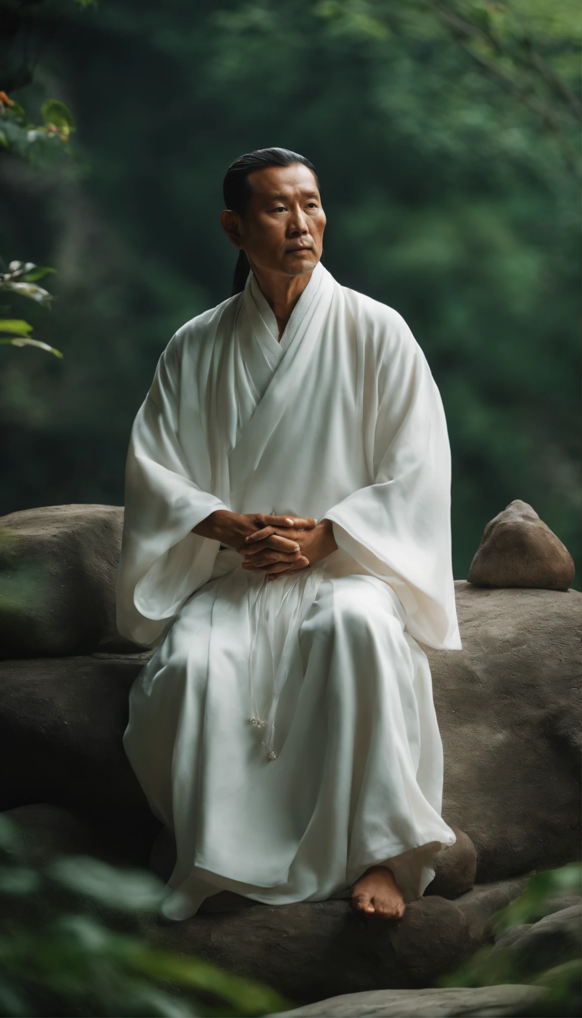 A Taoist priest with immortal demeanor,Sitting on the stone in white clothes,Green background
