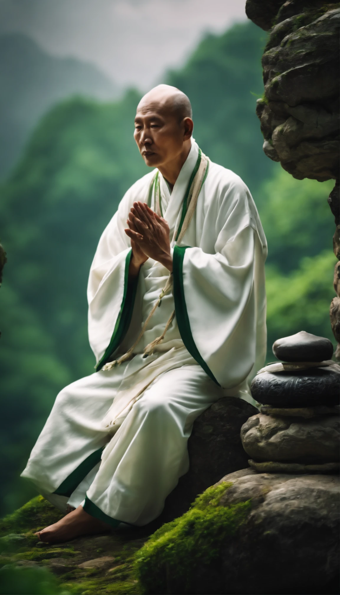 A Taoist priest with immortal demeanor,Sitting on the stone in white clothes,Green background