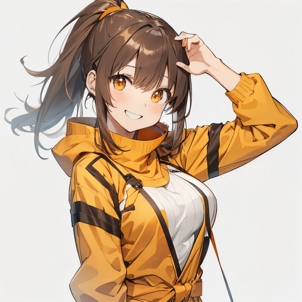 【Highest Quality, masutepiece】 [girl, Manteau, expressioness,deep orange eyes, front facing,dark brown hair,long ponytail hair,yellow knit cloth, Happy, Upper body] (Gray white background:1.2),very happy smile,boobs,gun,