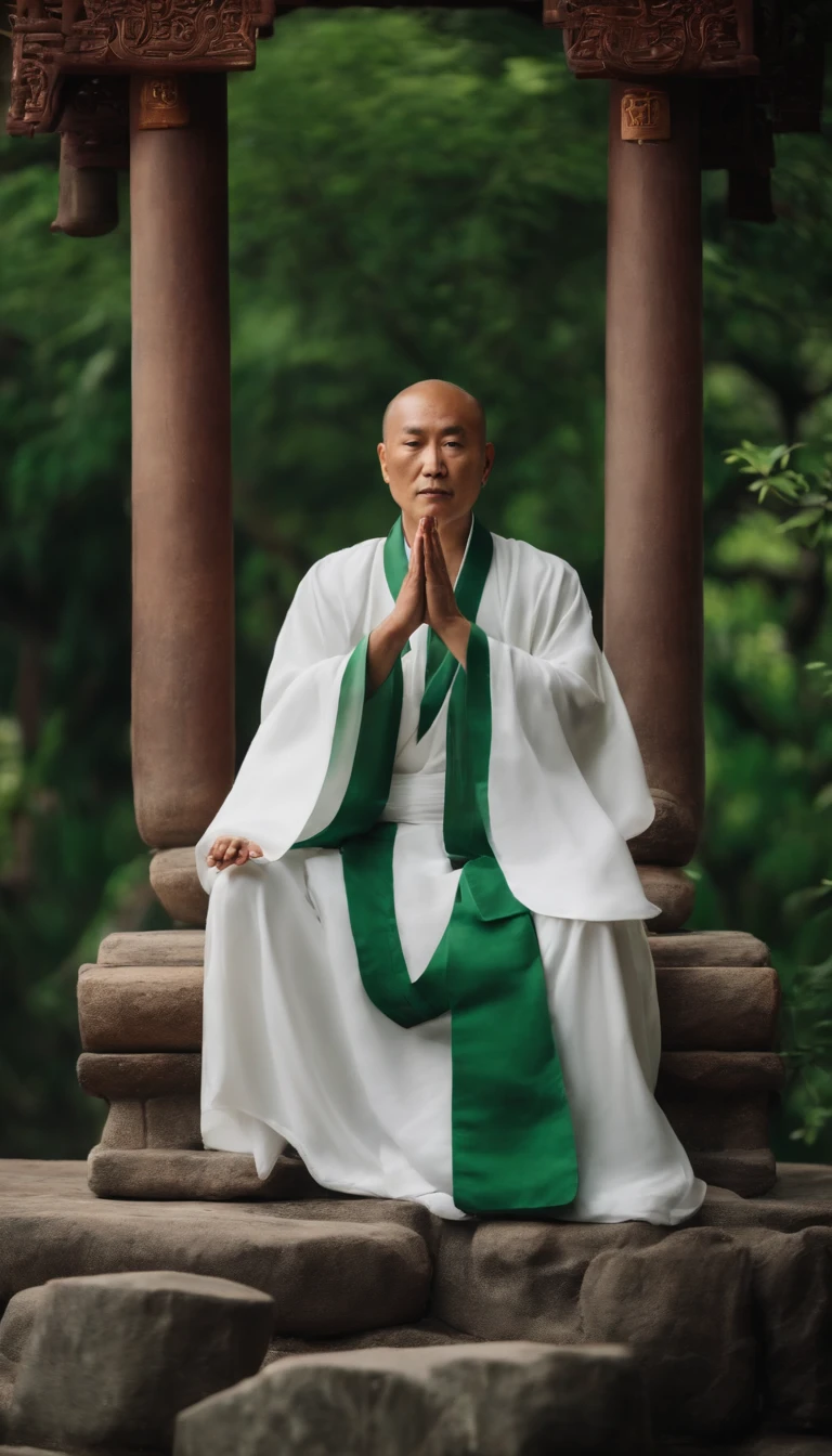 Taoist priest with immortal demeanor，Sitting on the stone in white clothes，Green background
