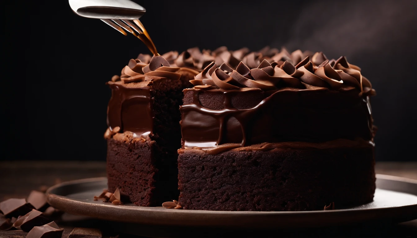 Capture a dynamic action shot of a chocolate cake being served, capturing the moment when a slice is lifted from the cake, showcasing its layers and textures