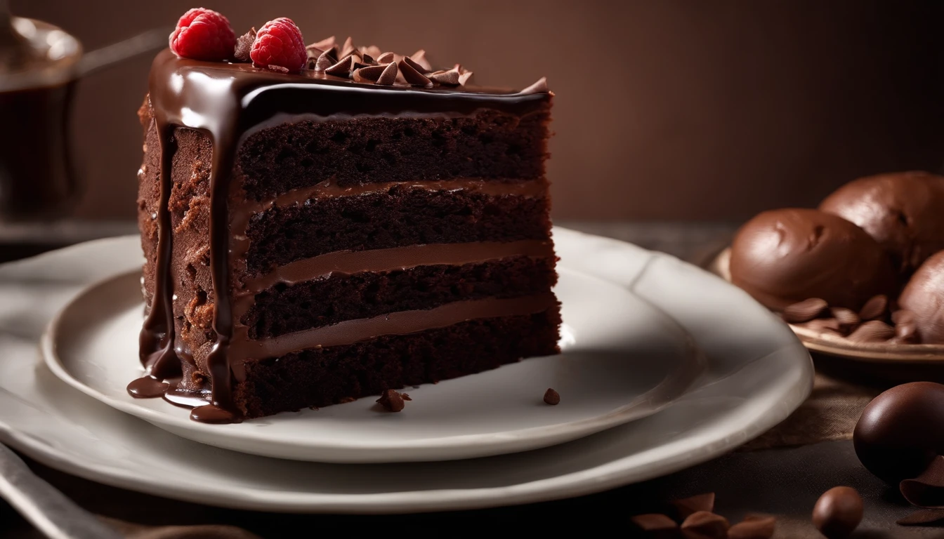 Capture a dynamic action shot of a chocolate cake being served, capturing the moment when a slice is lifted from the cake, showcasing its layers and textures