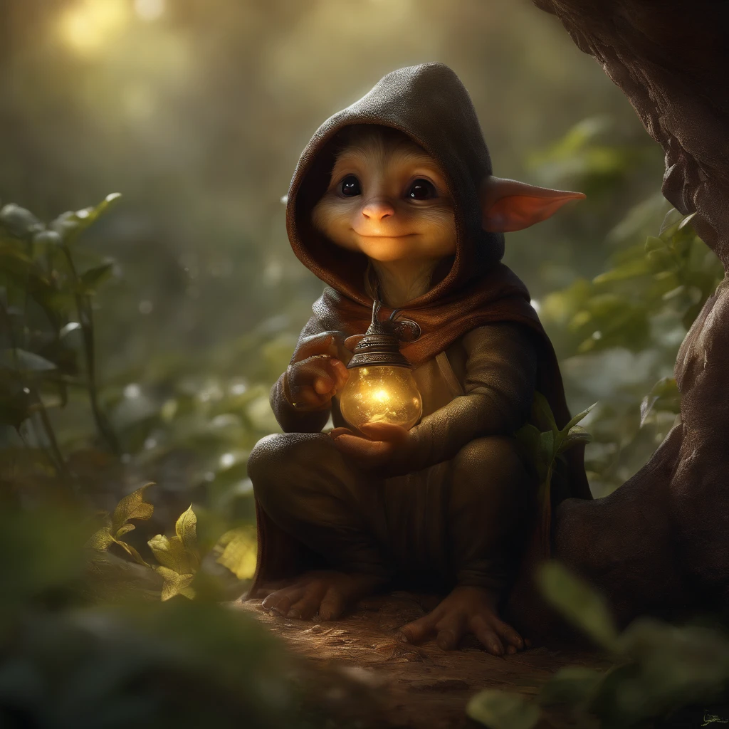 In the cave,Small male goblins similar to a mole, large ears, elongated nose, wear a leather vest with a hood, 真实感, Realism, Close up of cute tiny fireflies around a huge oak tree, collects drops of dew in a bell bud, Flowers, the buds glow, illuminate the bush, a detailed painting, cgsociety, Detailed painting, artstation hd, high detail, cgsociety, photo realism, Concept art, artstation hd, official arts, bokeh ,(CBZBB:1.25), dark fantasy style, hobbit style, John Tolkien style, fairy tale fantasy style,