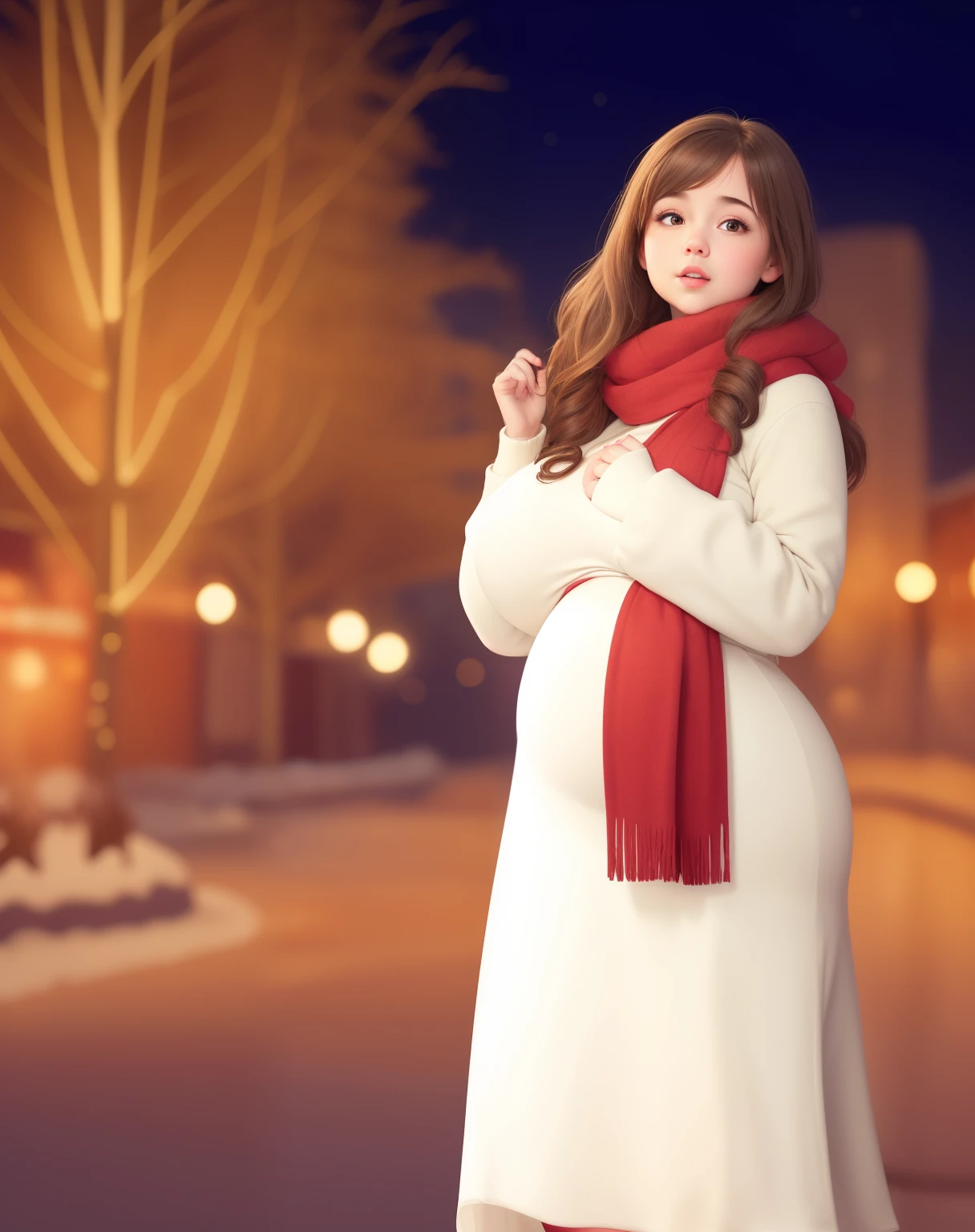 (best quality), big head, (1girl with gigantic breasts:1.3) Pregnant fat Girl With Brown hair ,White Pale Skin Tone , fat Pregnant girl wearing Winter Coat At Night Christmas City , Wearing Winter Red syal , light night city at Christmas time , pregnant belly , Gigantic Breast, Big breast and pregnancy belly , UHD , 8K