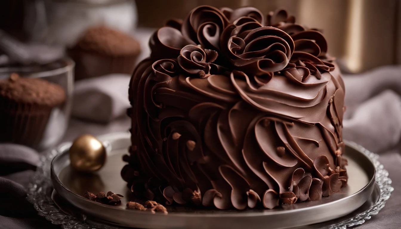 Capture a detail shot of a chocolate cake with decorative chocolate curls or shavings, showcasing the intricate and delicate nature of this confectionery art.