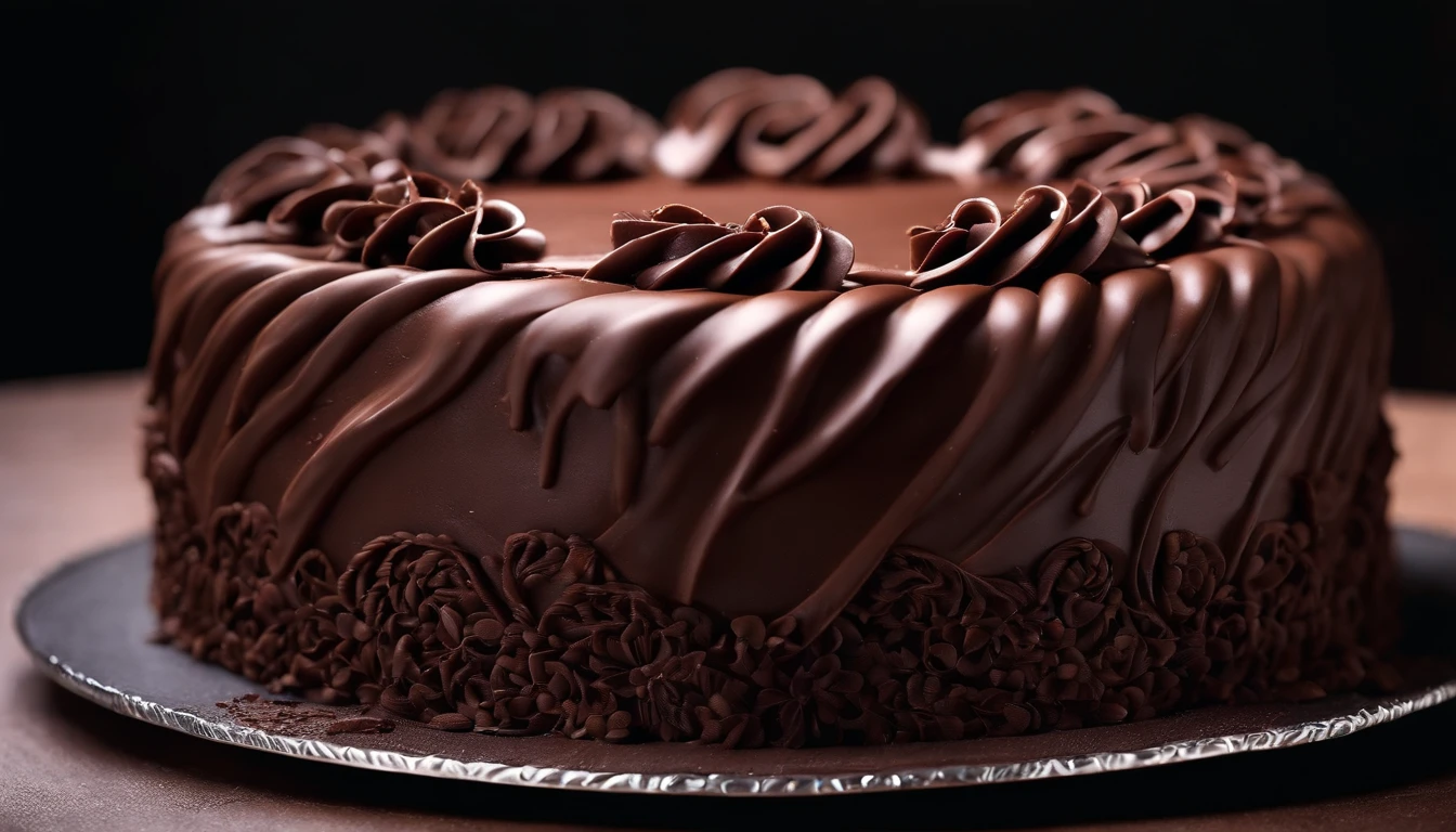 Capture a detail shot of a chocolate cake with decorative chocolate curls or shavings, showcasing the intricate and delicate nature of this confectionery art.