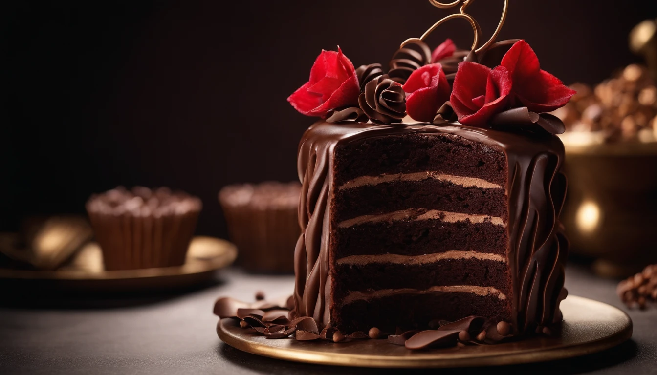 Capture a detail shot of a chocolate cake with decorative chocolate curls or shavings, showcasing the intricate and delicate nature of this confectionery art.