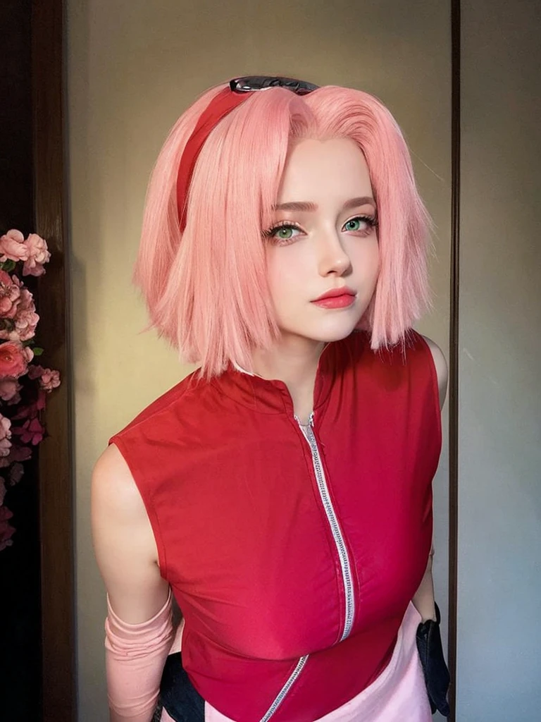 young woman, porcelain skin, long bubblegum pink hair, big pink lips, big emerald green eyes, pink eyebrows, red clothes, Sakura Haruno, 3d, realism, 8k