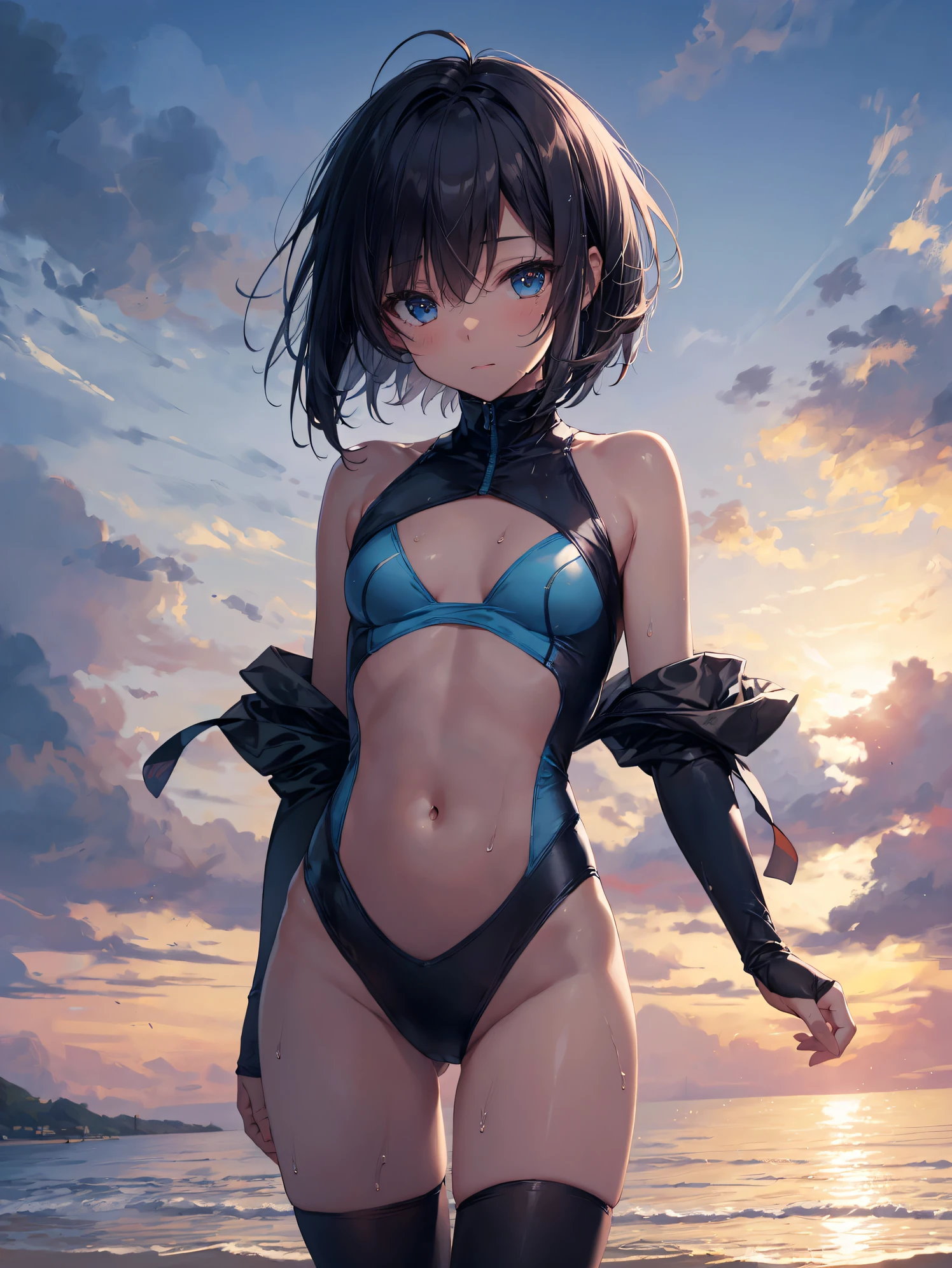 of the highest quality, anime moe art style,Best Anime 8K Konachan Wallpapers,Pixiv Contest Winner,Perfect Anatomy, BREAK,(Draw a picture of a girl in a swimsuit walking on the beach.),BREAK, 1girl is both ceremonial,(Solo,Lori face, 12year old:1.5),a junior high school student,Full limbs, complete fingers, Short hair, bob cuts, flat chest, Small butt, ,finely detailed beautiful eye, groin, Wet, Shiny skin, Cowboy Shot, Swimsuit, in beach.BREAK,Ultra-detailed,High resolution,super detailed skin, Professional Lighting, Illustration,