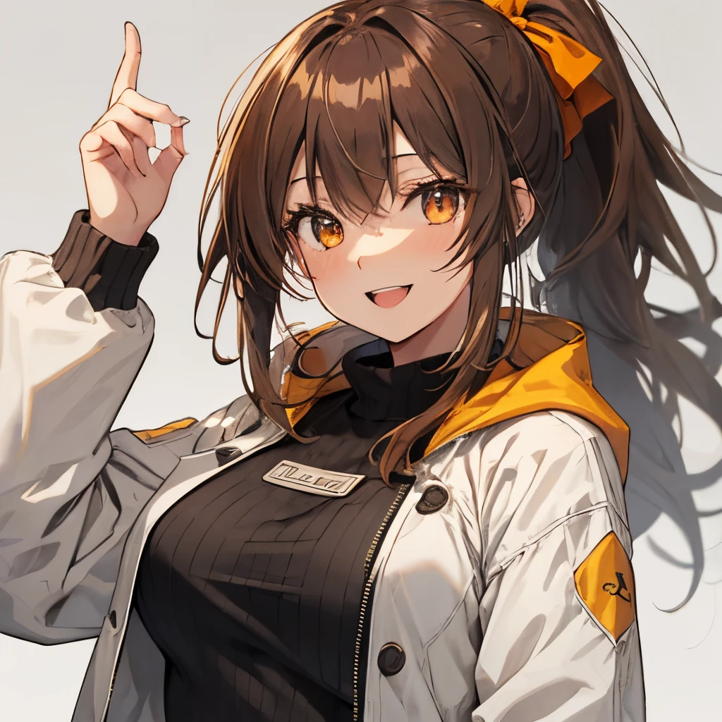 【Highest Quality, masutepiece】 [girl, Manteau, expressioness,deep orange eyes, front facing,dark brown hair,long ponytail hair,yellow knit cloth, Happy, Upper body] (Gray white background:1.2),very happy smile,boobs,gun,