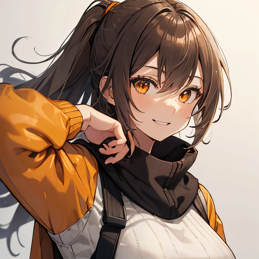 【Highest Quality, masutepiece】 [girl, Manteau, expressioness,deep orange eyes, front facing,dark brown hair,long ponytail hair,yellow knit cloth, Happy, Upper body] (Gray white background:1.2),very happy smile,boobs,gun,