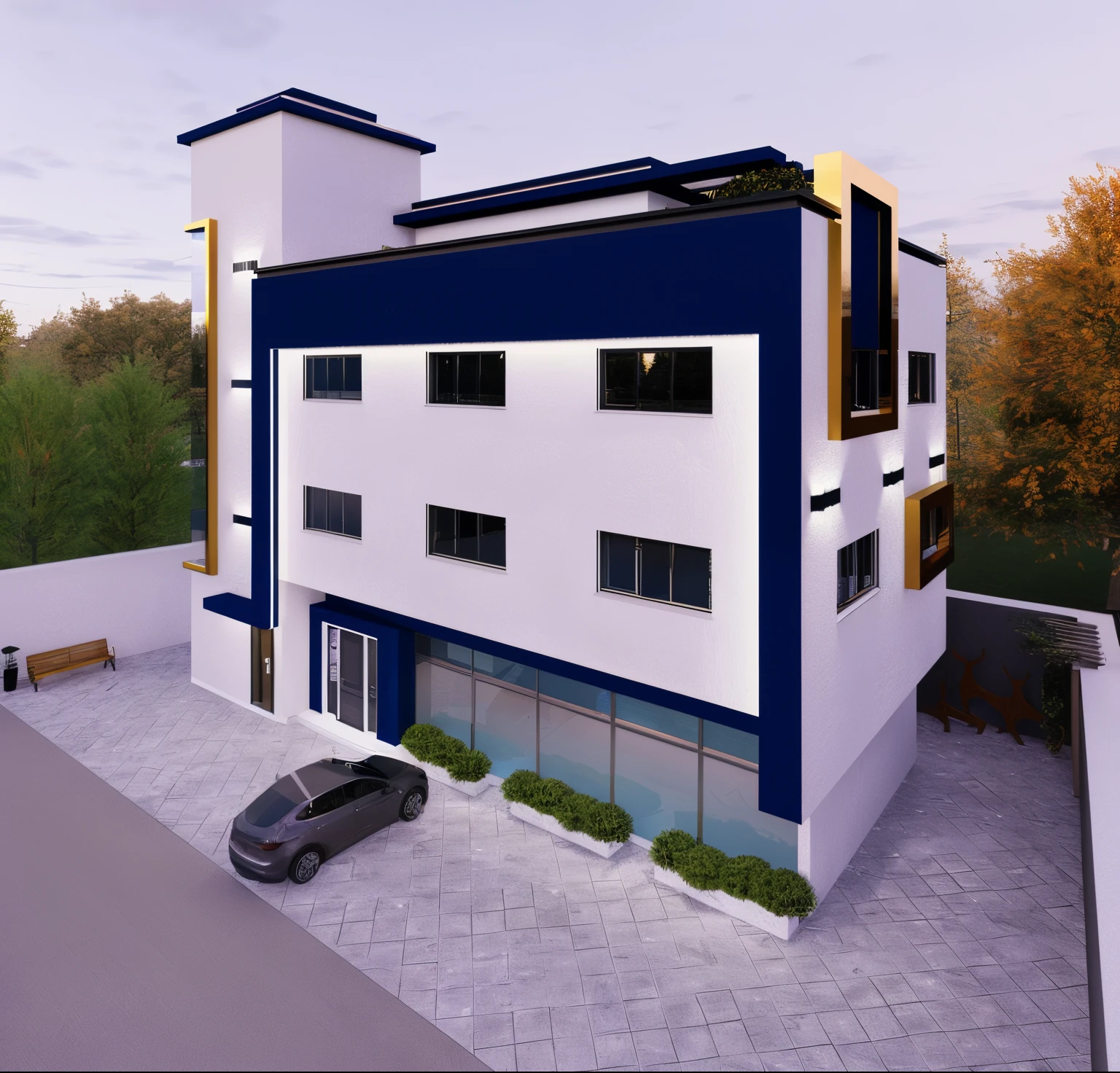 rendering of a modern apartment building with a car parked in front, professional render, high render, highly rendered!!, building facing, realistic render, architectural 3 d render, 3 d finalrender, 3d finalrender, render 3 d, final render, d render, 3 d renders, semi - realistic render, architectural render, office building, finalrender