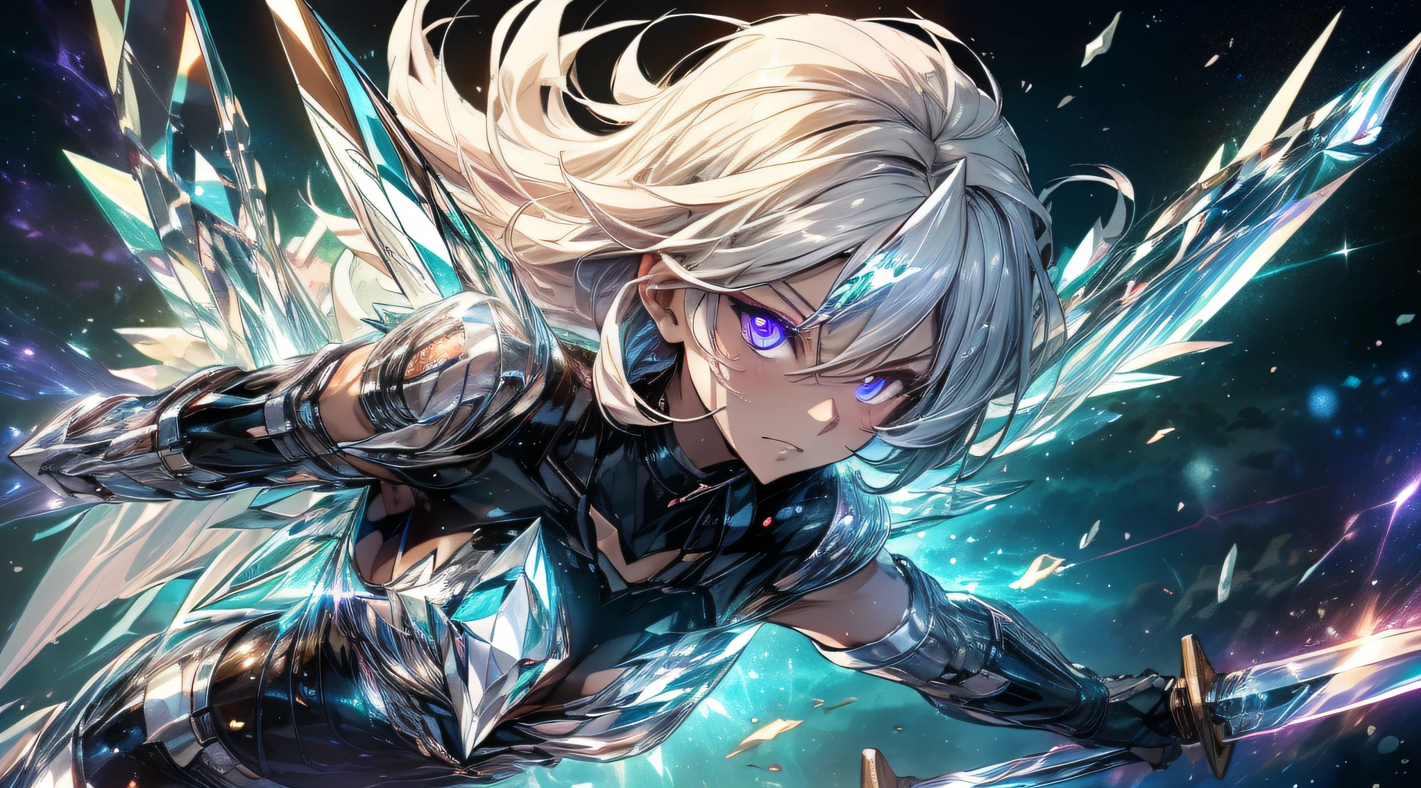 top-quality、Top image quality、​masterpiece、girl with((Black Suit、glowing mechanic suit、18year old、r、cute little、Best Bust、big bast,Beautiful shining purple eyes、Breasts wide open, white  hair、Longhaire、A slender,Large valleys、belligerent movements,sharp claws、Crystal Sword、Crystal visor on the right eye、Bright wings、fighting poses、charge forward、splatters、Feeling of sprinting)),hiquality、Beautiful Art、Background with((Space Battlefield)))、,masutepiece、depth of fields,Cinematic style