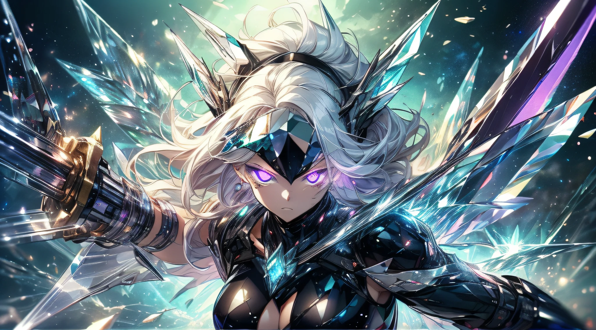 top-quality、Top image quality、masterpiece、girl with((Black Suit、glowing mechanic suit、18year old、 ager、cute little、Best Bust、big bast,Beautiful shining purple eyes、Breasts wide open, white hair、Longhaire、A slender,Large valleys、belligerent movements,sharp claws、Crystal Sword、Crystal visor on the right eye、Bright wings、fighting poses、charge forward、splatters、Feeling of sprinting)),hiquality、Beautiful Art、Background with((Space Battlefield)))、,masutepiece、depth of fields,Cinematic style