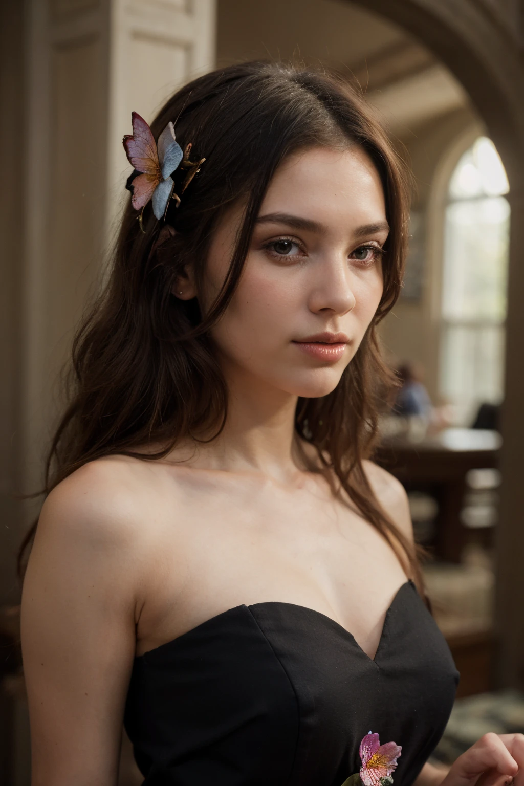 ((best quality)), ((masterpiece)), (detailed), perfect face, princess with flowers an butterflies in the hair, 4k, magic the gathering style