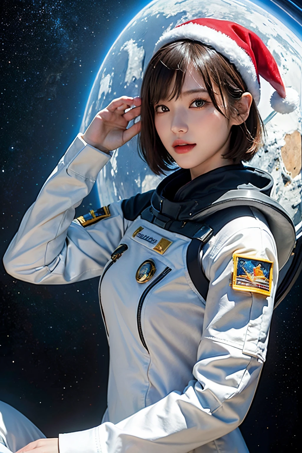 top-quality、masterpiece、超A high resolution、(realisitic:1.4)、Beautuful Women1、Beautiful detail eyes and skin、ssmile、Light brown short-cut hair、The perfect spacesuit、spaceships、cosmic space、santa hat、