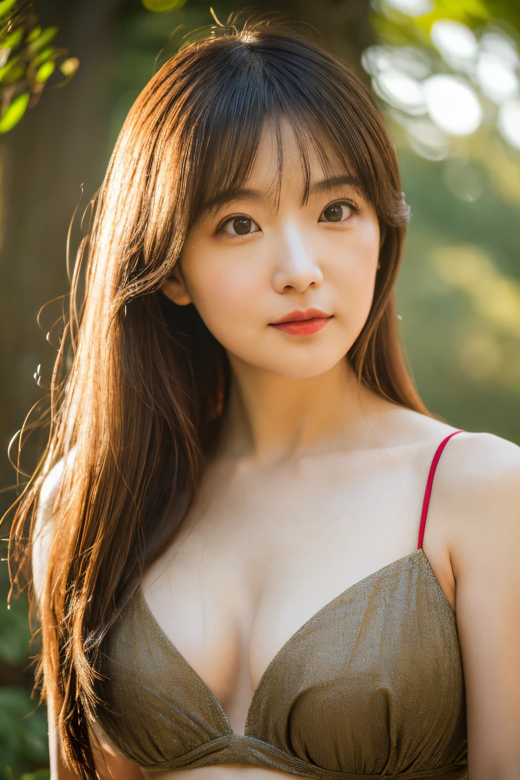 (dense woods: 1), the golden hour, Light brown eyes, 1 woman, Light clothing, (Photorealistic), (Complex Detail: 1.2), (masutepiece, :1.3), (of the highest quality: 1.4), (Ultra High Resolution: 1.2), (eye detailed ), (detailed facial features), Strong sunlight, 8K (Lens Flare: 0.7), (Lens Flare: 0.7), turned around,Feminine pose, Upper body, Tight waistline