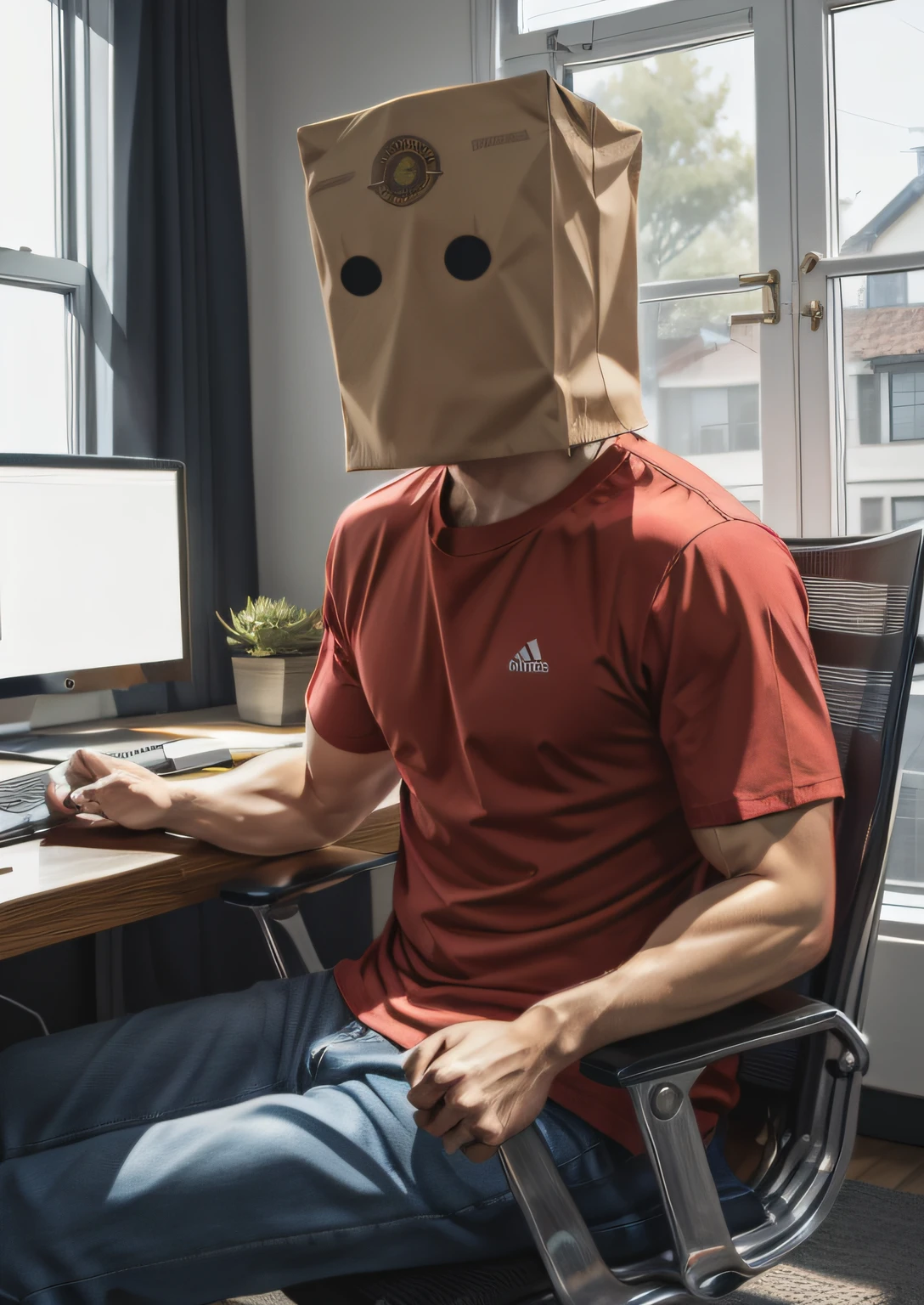 1male, muscular, Red shirt, plaid shirt, sitting at a computer, in the streamer&#39;s room, paper bag, 4k, extremly detailed, 2D, flat color,