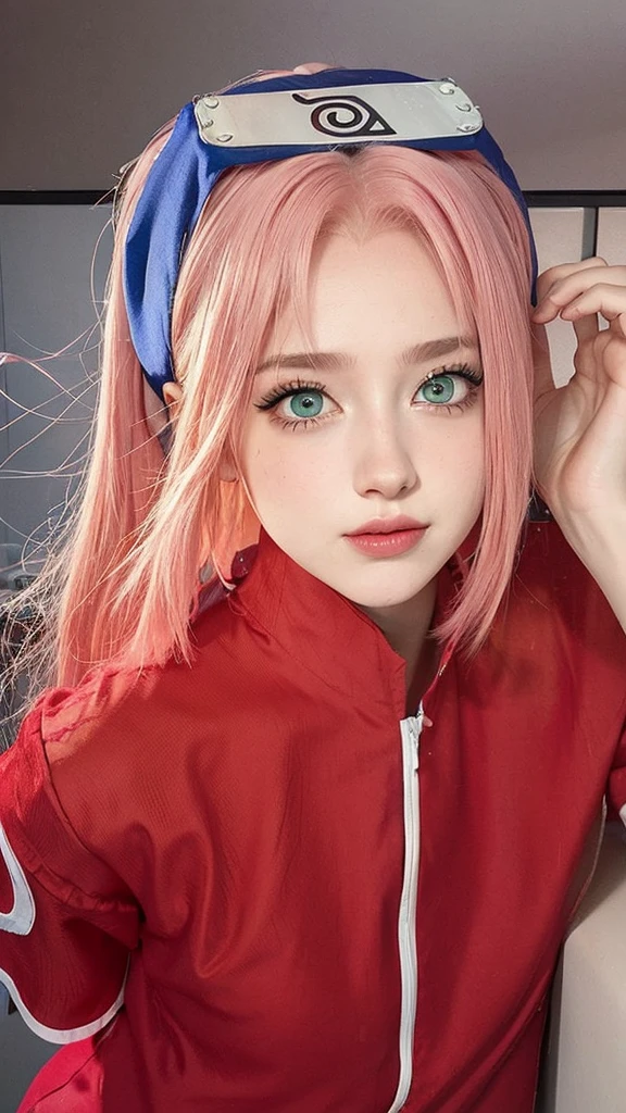 young woman, porcelain skin, long bubblegum pink hair, big pink lips, big emerald green eyes, pink eyebrows, red clothes, Sakura Haruno, 3d, realism, 8k