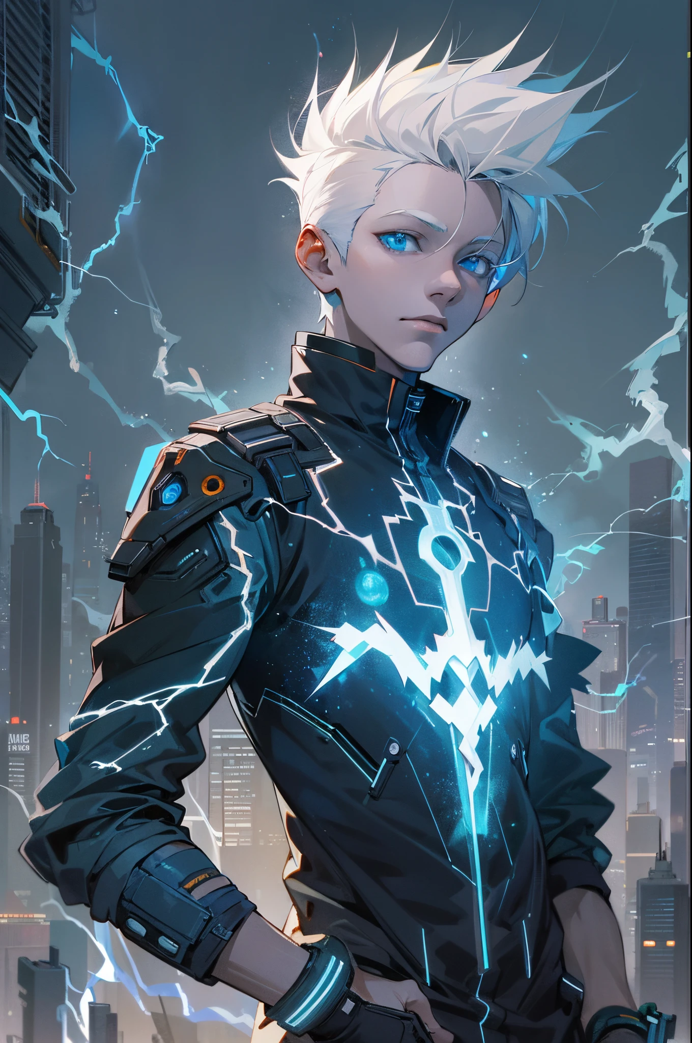 A 15-year-old teenage boy with an albino skin tone. He is an engineer and artificer, without facial or body hair. His hair is short and straight, colored white. The boy is wearing a futuristic cyberpunk in black and blue, futuristic style clothes, adorned with white lightning patterns. He is surrounded by an aura of white lightning, with a background featuring a scenery of rapid lightning and thunder. Thunder powers. Full body.
