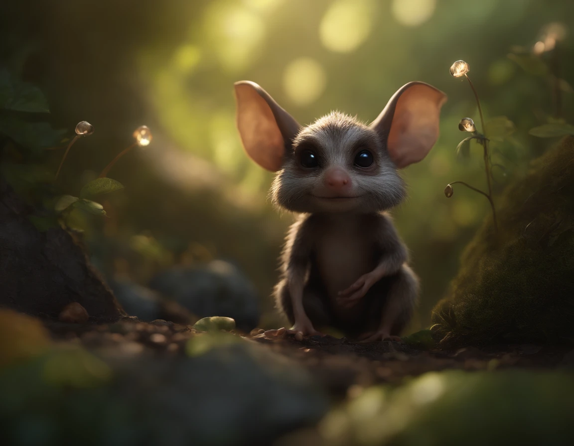 In the cave,Small male goblins, 真实感, Realism, Close up of cute tiny fireflies around a huge oak tree, collects bell flowers, the buds glow, illuminate the bush, a detailed painting, cgsociety, Detailed painting, artstation hd, high detail, cgsociety, photo realism, Concept art, artstation hd, official arts, bokeh ,(CBZBB:1.25),trending artstation, Digital Art, Detailed, Realistic, humanoid, character, tiny, Cinematic shot, cinematic portrait of a mole ,gremlin, mole-like, bright silver and brown, long tail, large ears, covered with silver fur, is in a hole, mushrooms glow, Best Quality, Masterpiece, in style of dark fantasy art, gremlin, mole-like,