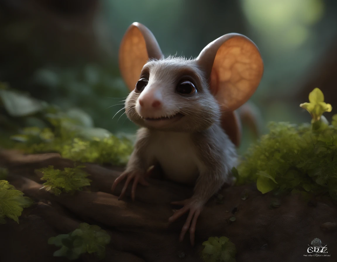 In the cave,Small male goblins, 真实感, Realism, Close up of cute tiny fireflies around a huge oak tree, collects bell flowers, the buds glow, illuminate the bush, a detailed painting, cgsociety, Detailed painting, artstation hd, high detail, cgsociety, photo realism, Concept art, artstation hd, official arts, bokeh ,(CBZBB:1.25),trending artstation, Digital Art, Detailed, Realistic, humanoid, character, tiny, Cinematic shot, cinematic portrait of a mole ,gremlin, mole-like, bright silver and brown, long tail, large ears, covered with silver fur, is in a hole, mushrooms glow, Best Quality, Masterpiece, in style of dark fantasy art, gremlin, mole-like,