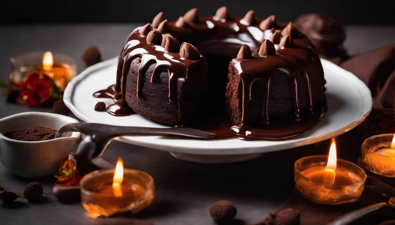 a creative shot of a chocolate cake with a melted chocolate center, capturing the irresistible ooze and decadence of a molten lava cake.