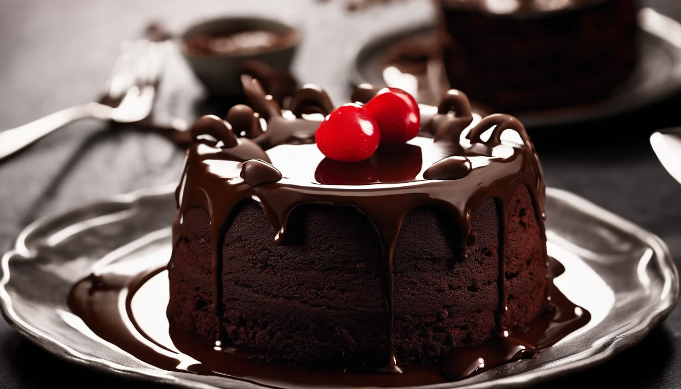 a creative shot of a chocolate cake with a melted chocolate center, capturing the irresistible ooze and decadence of a molten lava cake.