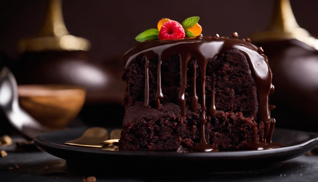 a creative shot of a chocolate cake with a melted chocolate center, capturing the irresistible ooze and decadence of a molten lava cake.