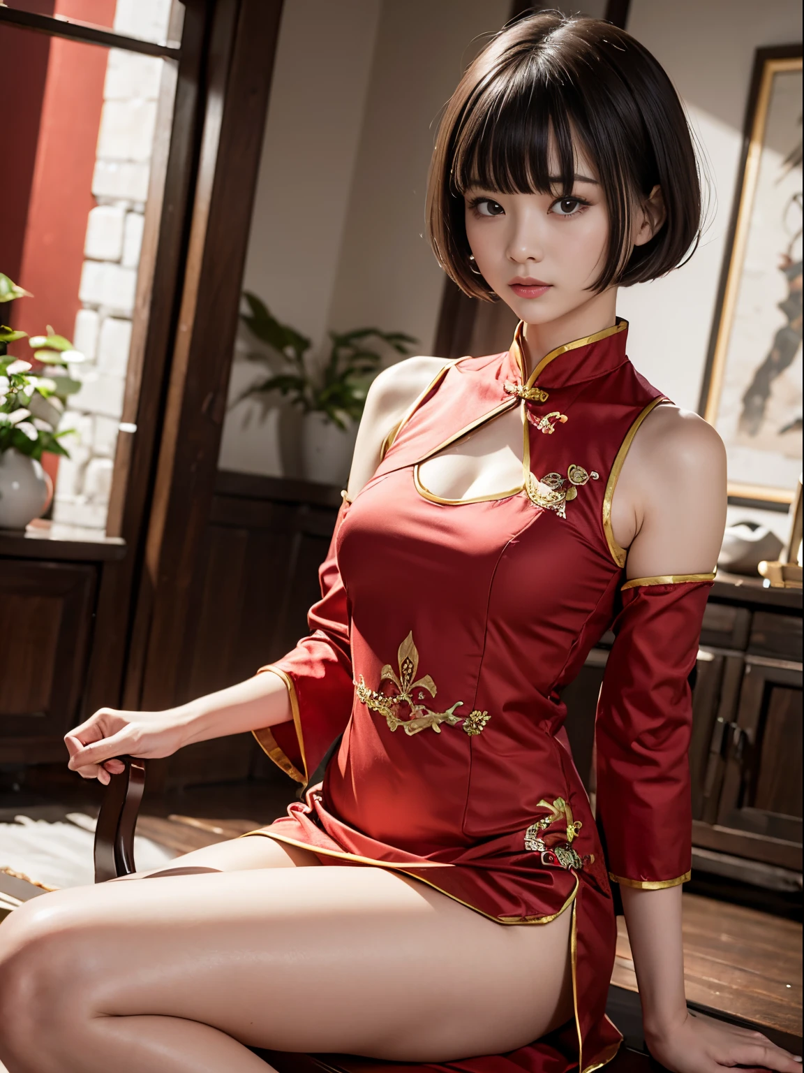 ​masterpiece、ultra-detailliert、8K、Shorthair with bangs、Red china clothes