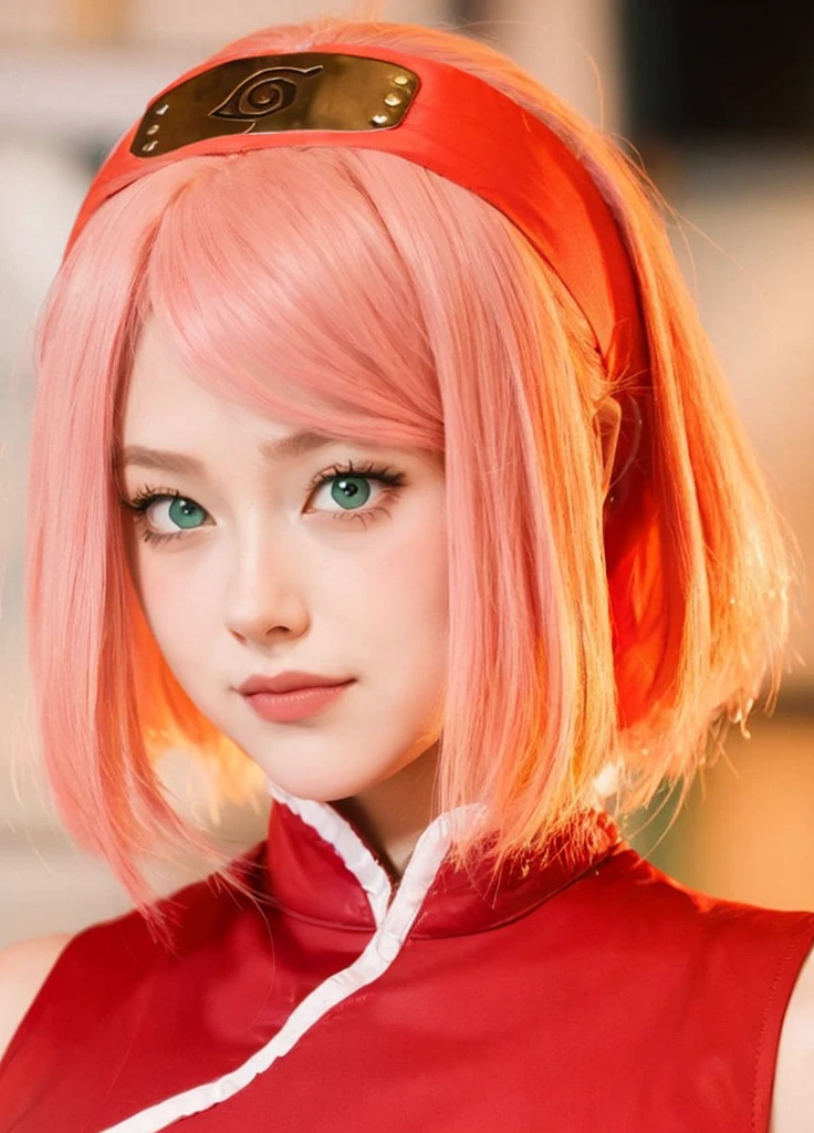 young woman, porcelain skin, long bubblegum pink hair, big pink lips, big emerald green eyes, pink eyebrows, red clothes, Sakura Haruno, 3d, realism, 8k