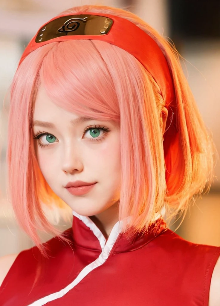 young woman, porcelain skin, long bubblegum pink hair, big pink lips, big emerald green eyes, pink eyebrows, red clothes, Sakura Haruno, 3d, realism, 8k