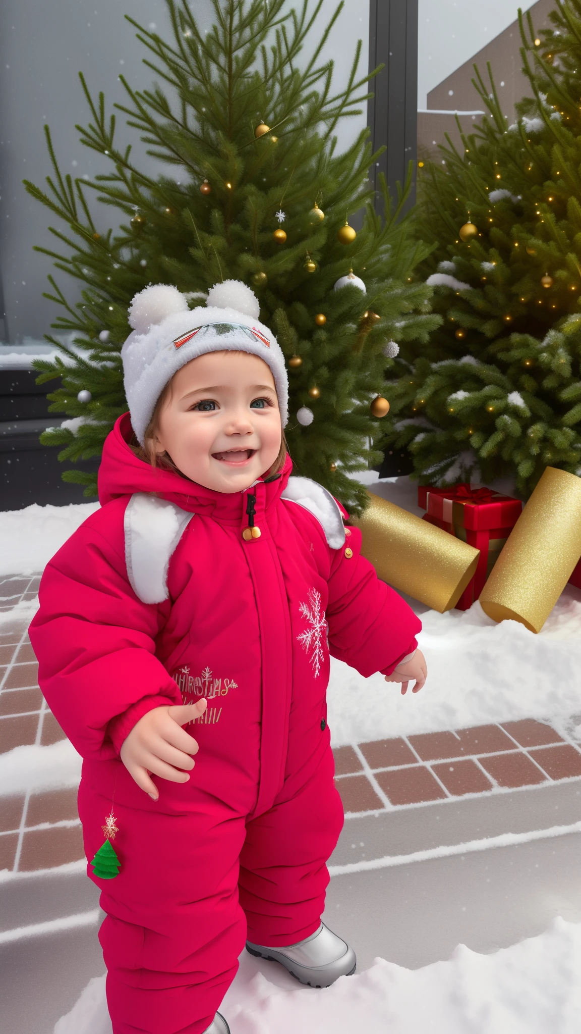 a 1.5  girl in a snowsuit stands on the street in winter snowfall, in the background there is a Christmas tree with a golden garland, photorealism, high quality, clear details, photography, 8k, hd