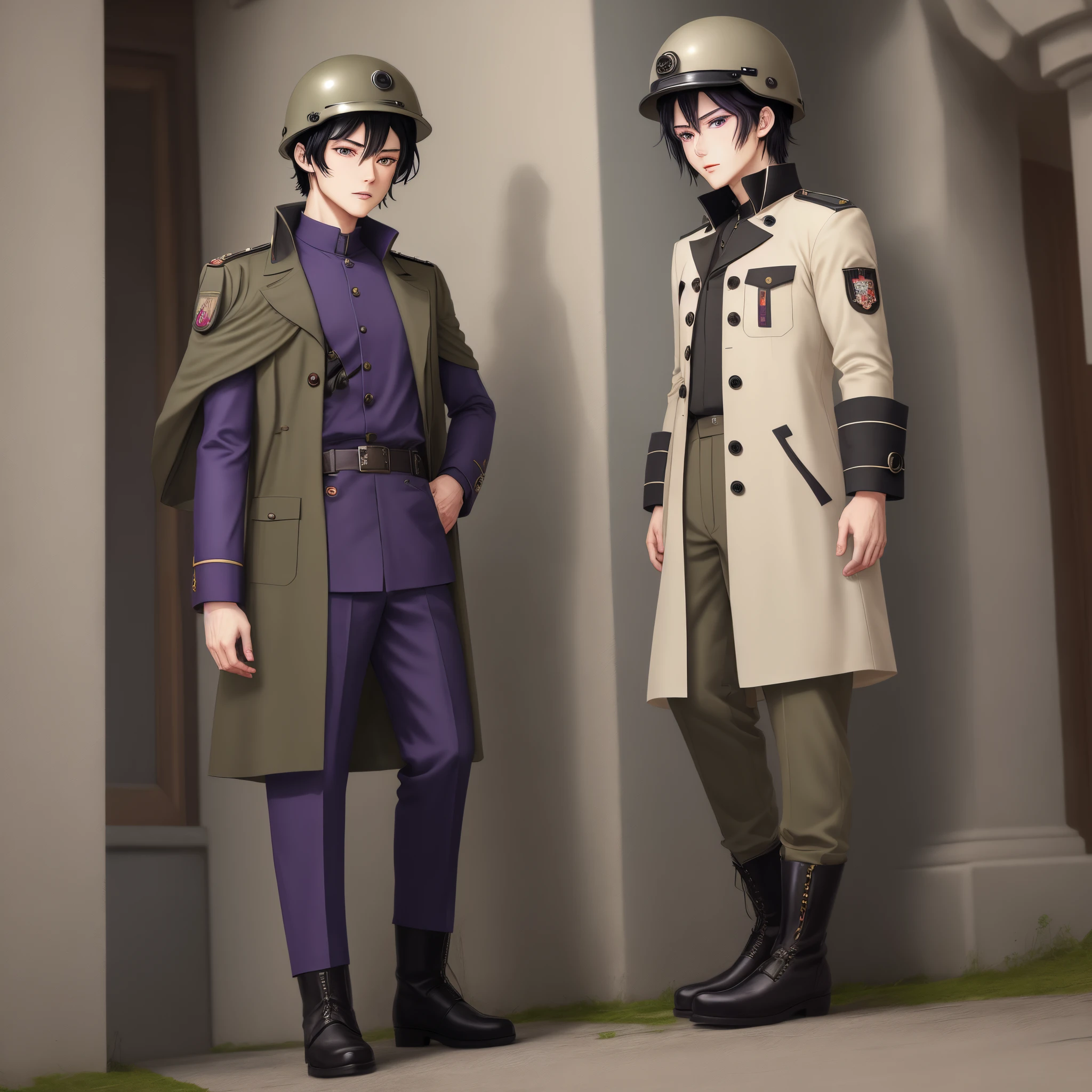 Anime male,black hair,purple eyes,Use comprises a gray tunic adorned with black buttons, paired with matching trousers.with ankle-high boots wrapped in khaki puttees, and top it off with a black steel helmet.