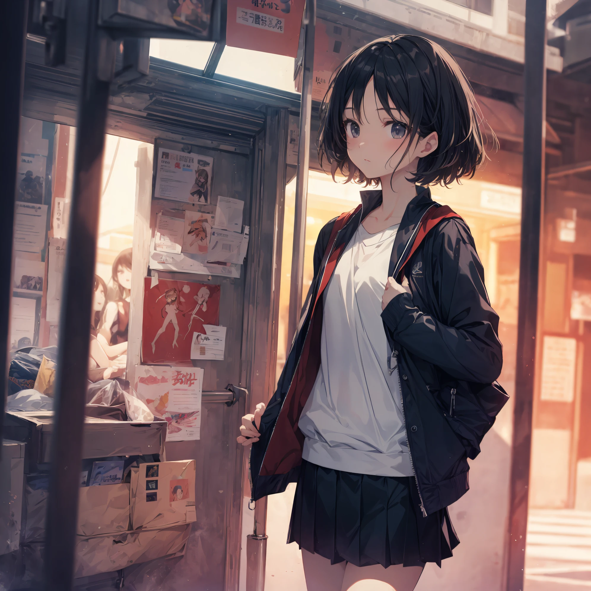 of the highest quality, Ultra-detailed, anime moe art style,Best Anime 8K Konachan Wallpapers,Pixiv Contest Winner,Perfect Anatomy, (Draw a girl sleepily walking to school. ),BREAK, 1 girl is a beautiful girl, (Solo,Lori,child,13years:1.3),a junior high school student, Androgynous attraction, (Very short hair),Center Part,hair messy, Forehead, Full limbs, complete fingers,flat chest, Small butt, groin, Small eyes,Finely detailed 8K beautiful black eyes,disgusted eye, School uniform, Skirt,On the way to school. BREAK,High resolution,super detailed skin, Professional Lighting, Illustration,