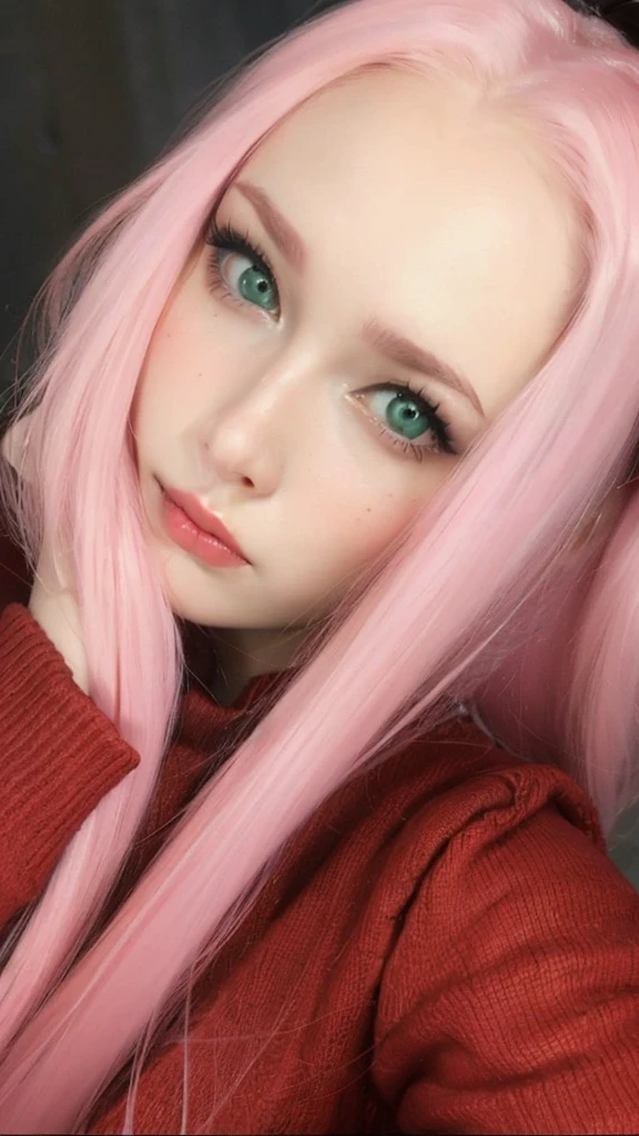 young woman, porcelain skin, long bubblegum pink hair, big pink lips, big emerald green eyes, pink eyebrows, red clothes, Sakura Haruno, 3d, realism, 8k