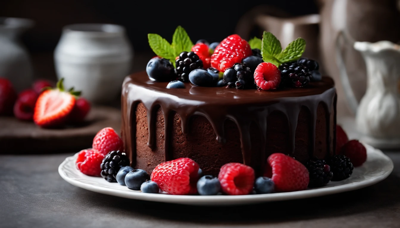 a close-up shot of a chocolate cake decorated with fresh berries, adding a pop of color and freshness to the photo, while complementing the rich chocolate flavor